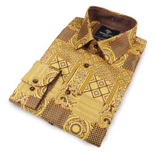 African Chess - Gold Brown Men's Jacquard Woven Luxury Formal Shirt