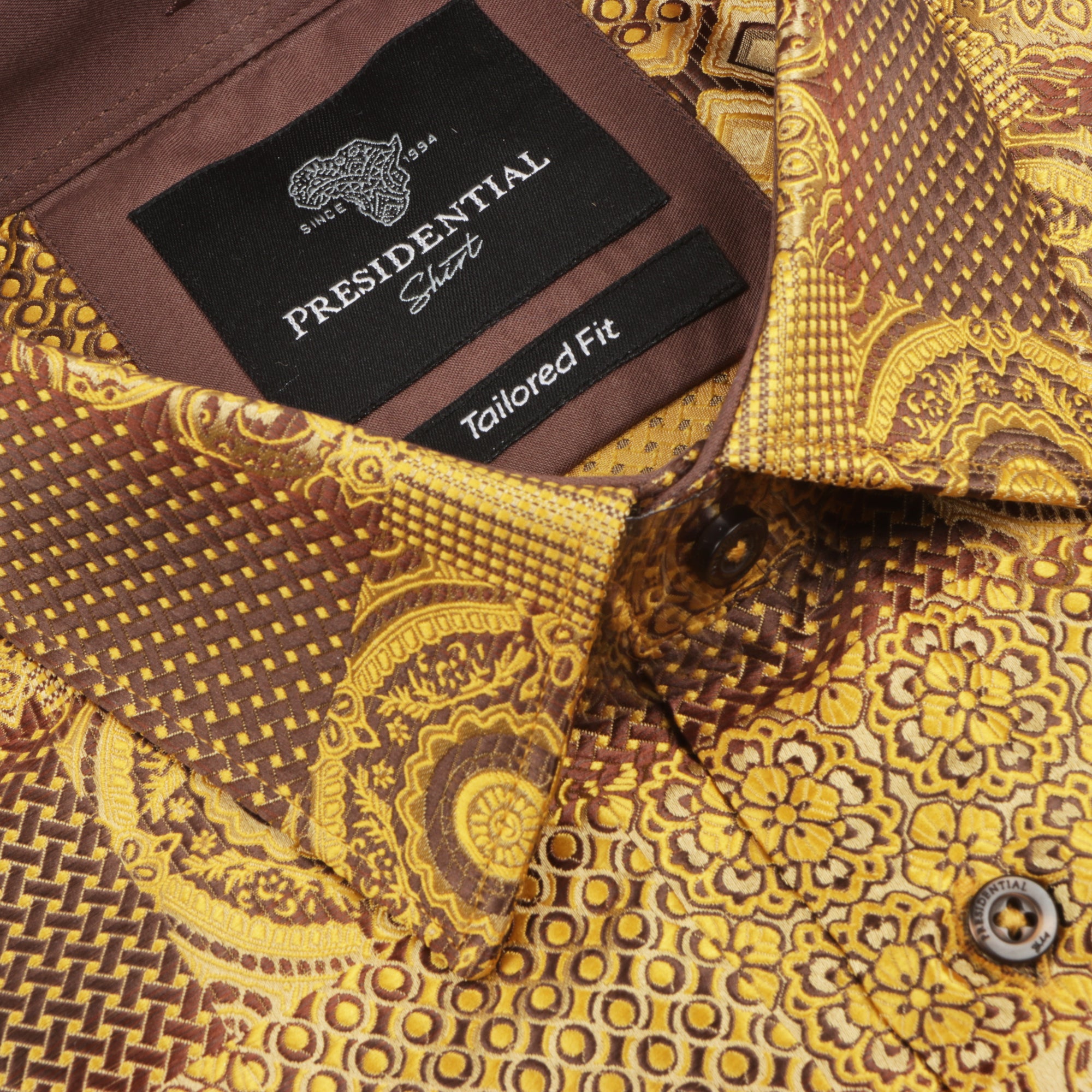 African Chess - Gold Brown Men's Jacquard Woven Luxury Formal Shirt
