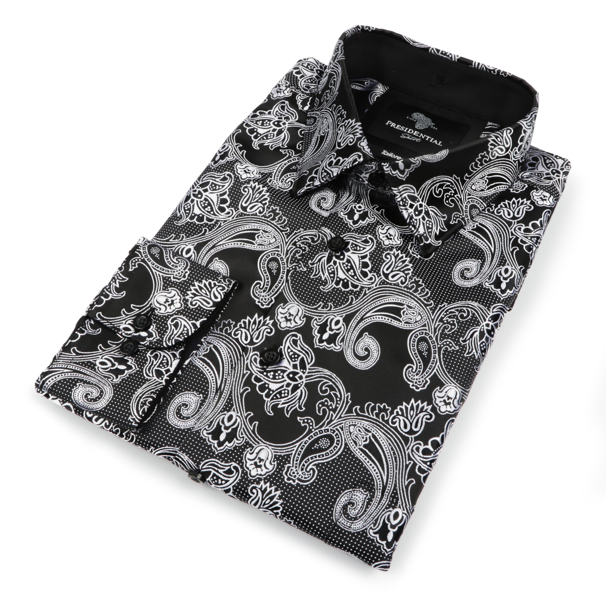 Lillian Wave - Black Men's Jacquard Satin Luxury Formal Shirt