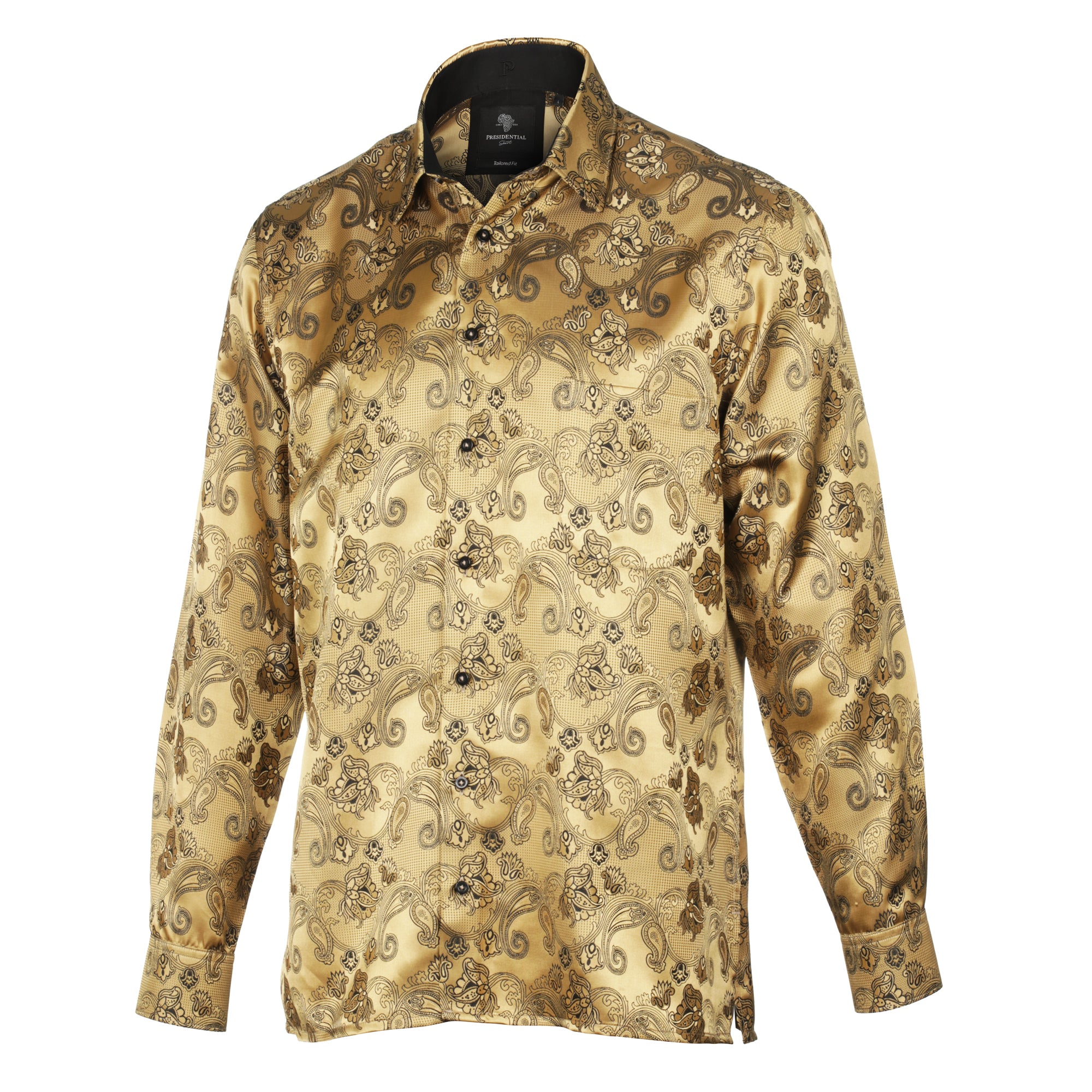 Lillian Wave - Gold Men's Jacquard Satin Luxury Formal Shirt