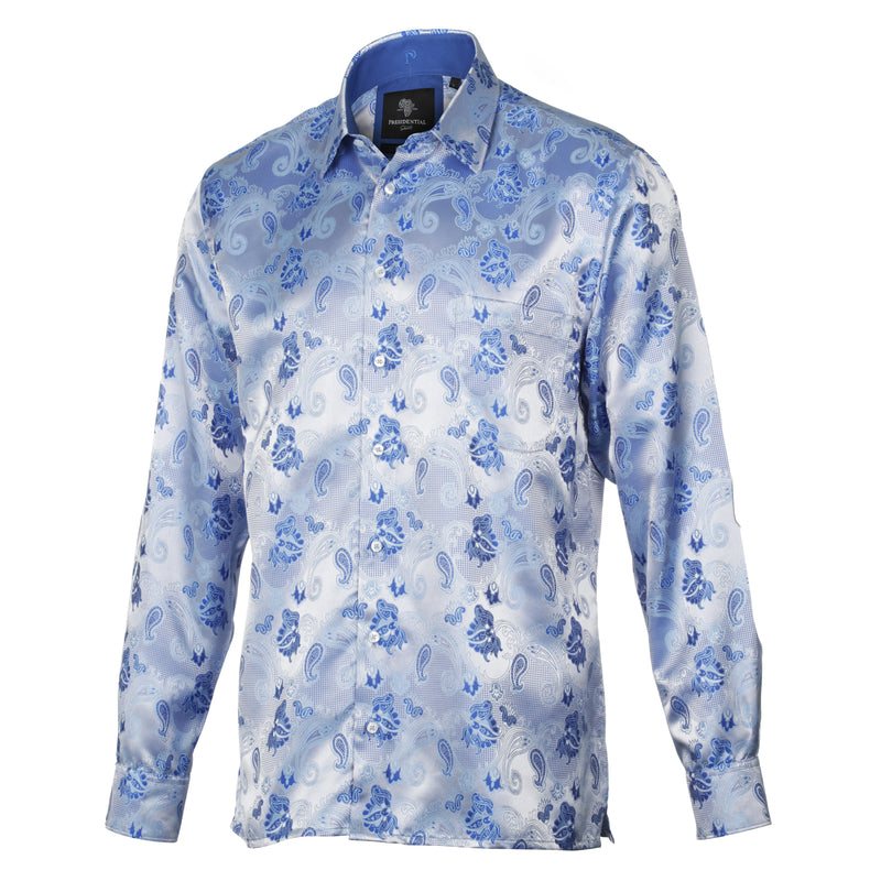 Lillian Wave - Blue Men's Jacquard Satin Luxury Formal Shirt