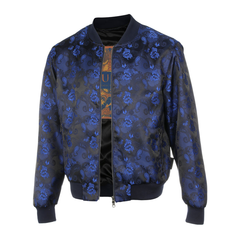Men’s Navy Jacquard Woven Bomber Jacket – Stylish Outerwear