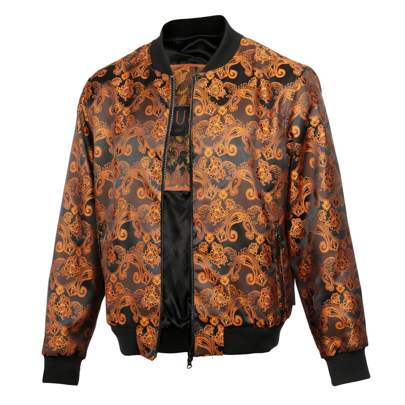 Men’s Burnt Orange Jacquard Woven Bomber Jacket – Stylish Outerwear