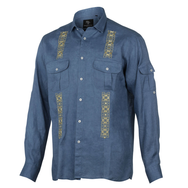 Kings Linen Cobalt Blue Men's Casual Long Sleeve 100% Linen Shirt Breathable Summer