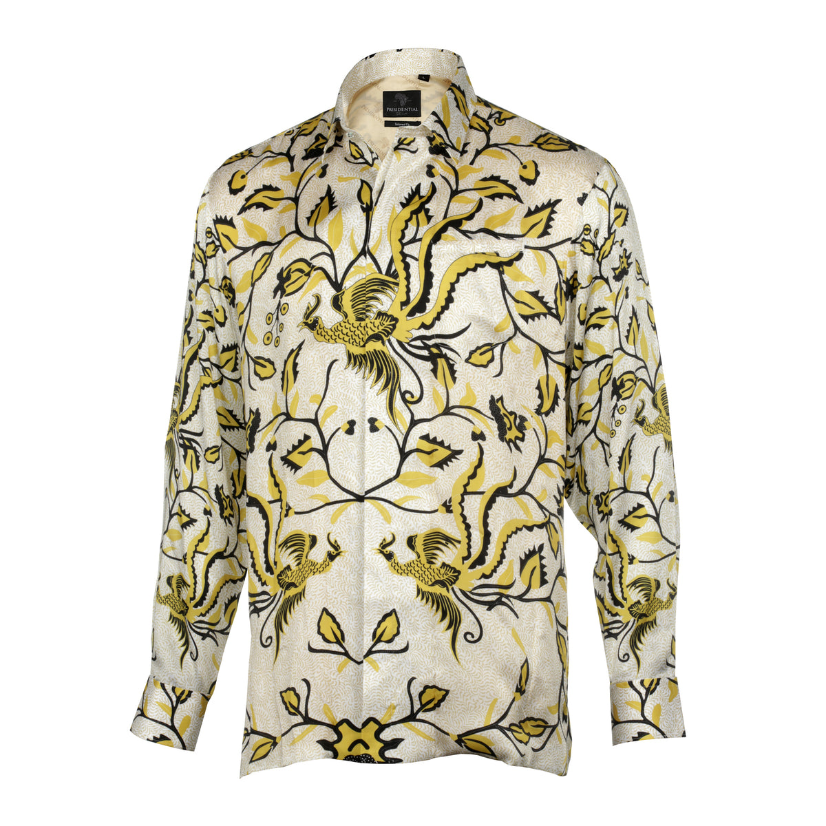 Madiba Original - Golden Leaves Men's Long Sleeve Vegan Silk Shirt