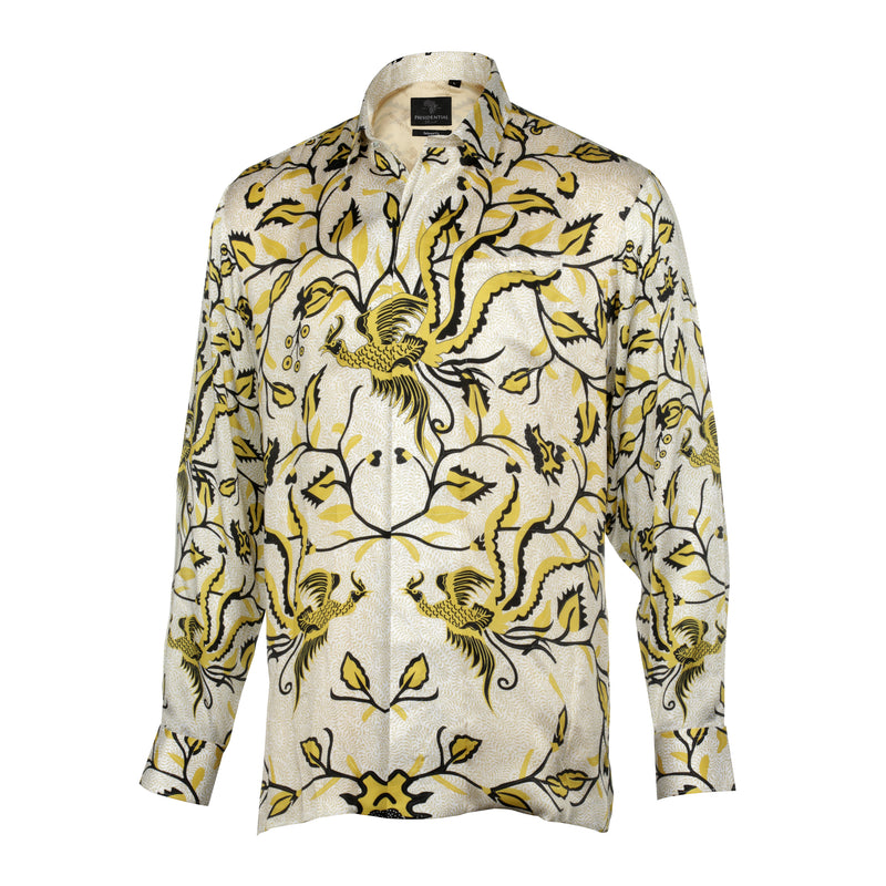Madiba Original - Golden Leaves Men's Long Sleeve Vegan Silk Shirt