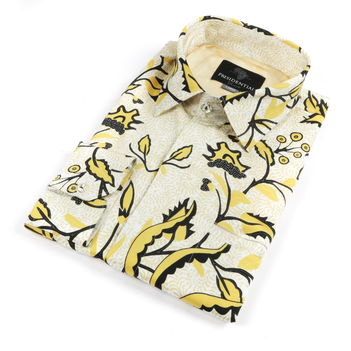 Madiba Original - Golden Leaves Men's Long Sleeve Vegan Silk Shirt