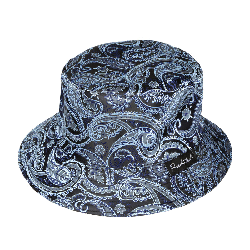 Men's Bucket Hat, Jacquard Woven Satin - Paisley Flower Navy