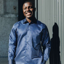 Madiba's Pin Stripe - Navy Long Sleeve Jacquard Woven Men's Shirt