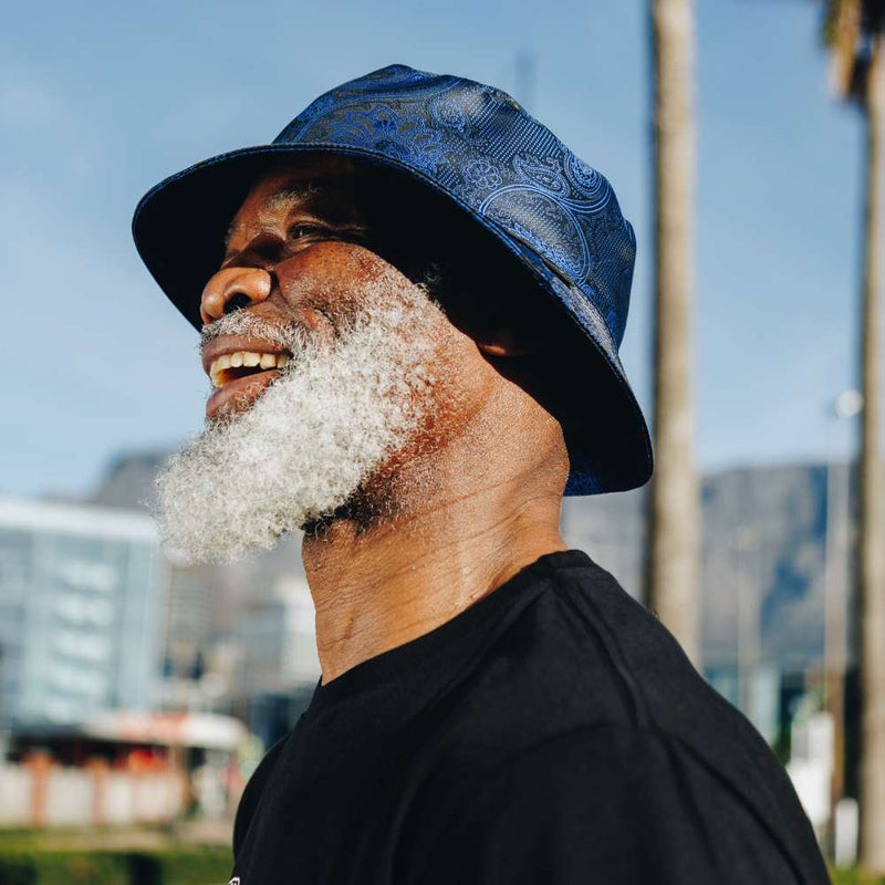 Men's Bucket Hat, Jacquard Woven Satin - Paisley Flower Navy