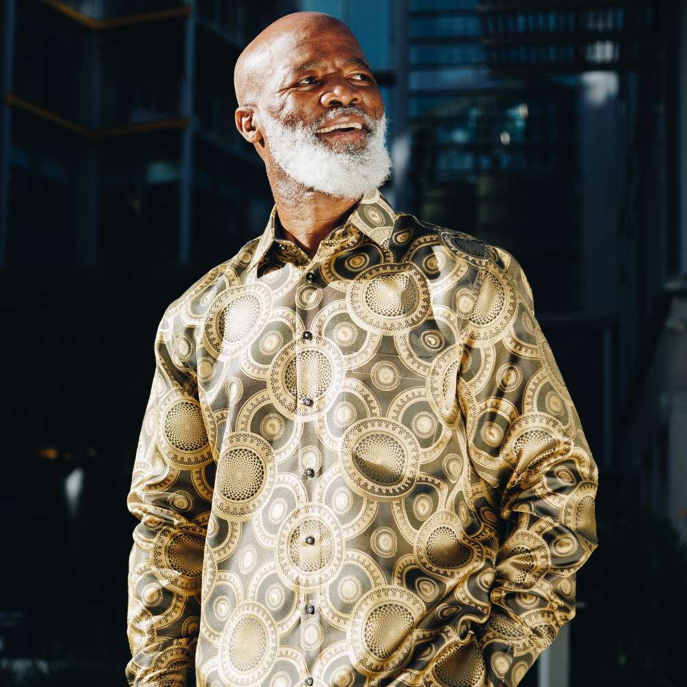 Large African Circle - Gold Brown Long Sleeve Jacquard Woven Men's Shirt