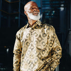 Large African Circle - Gold Brown Long Sleeve Jacquard Woven Men's Shirt