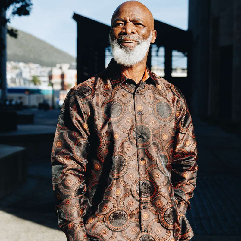 Large African Circle - Brown Long Sleeve Jacquard Woven Men's Shirt