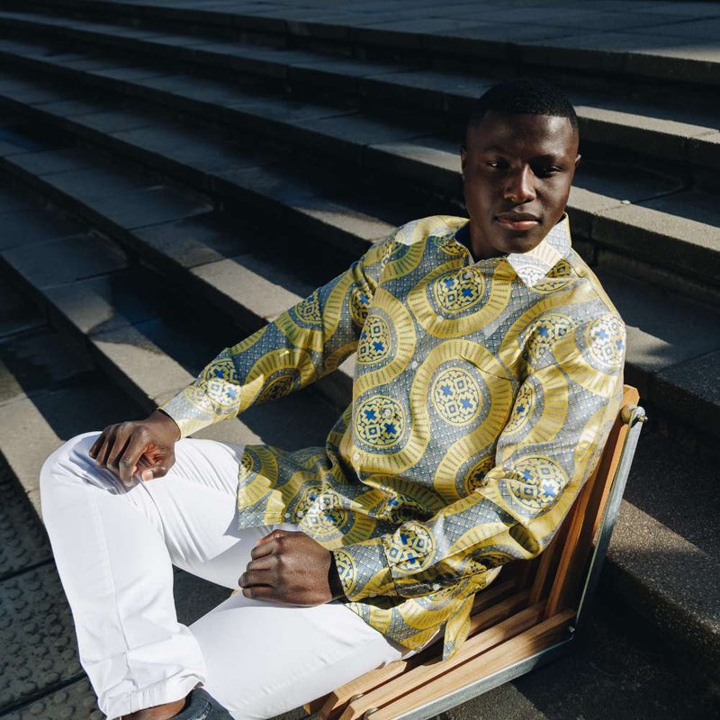 Large African Wave - Yellow Long Sleeve Jacquard Woven Men's Shirt