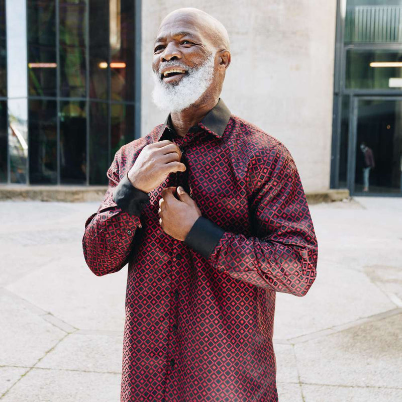 Madiba's Diamond - Red Long Sleeve Jacquard Woven Men's Shirt