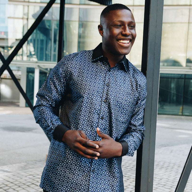 Madiba's Diamond - Navy Long Sleeve Jacquard Woven Men's Shirt