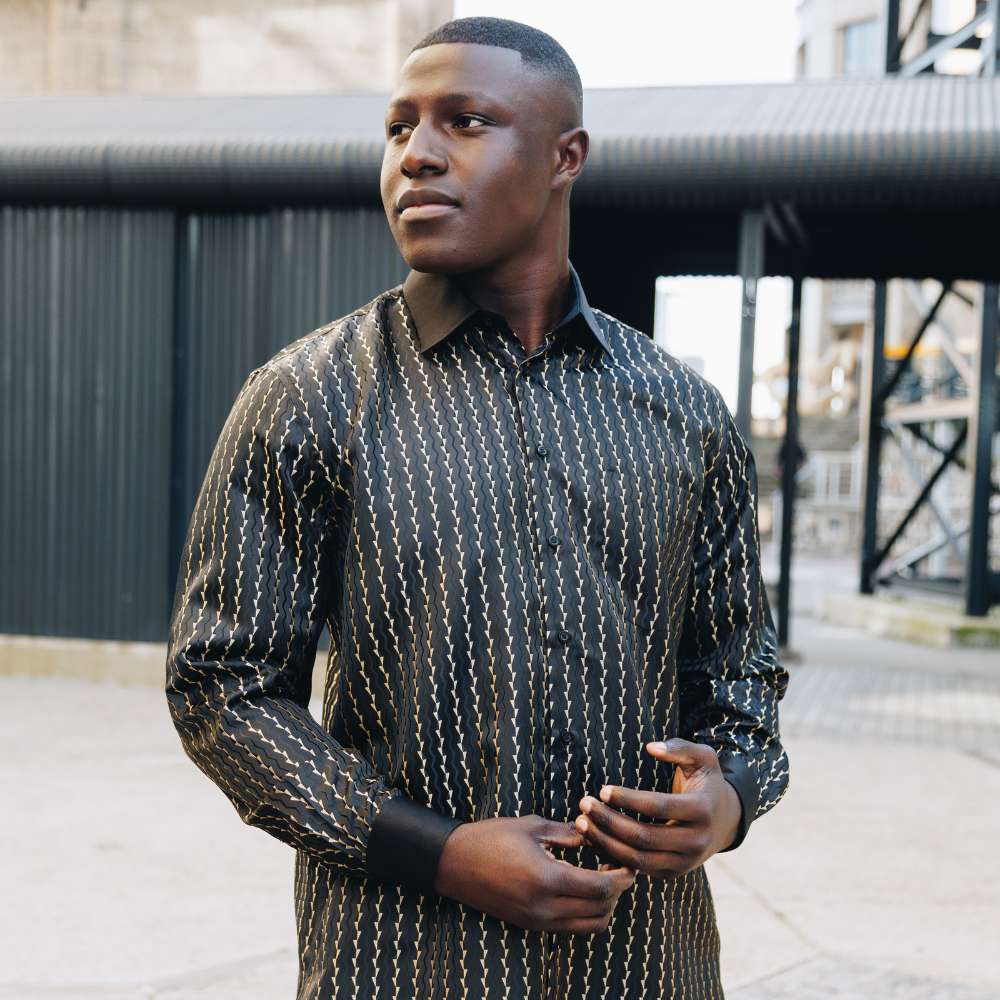 Madiba's Pin Stripe - Black Long Sleeve Jacquard Woven Men's Shirt
