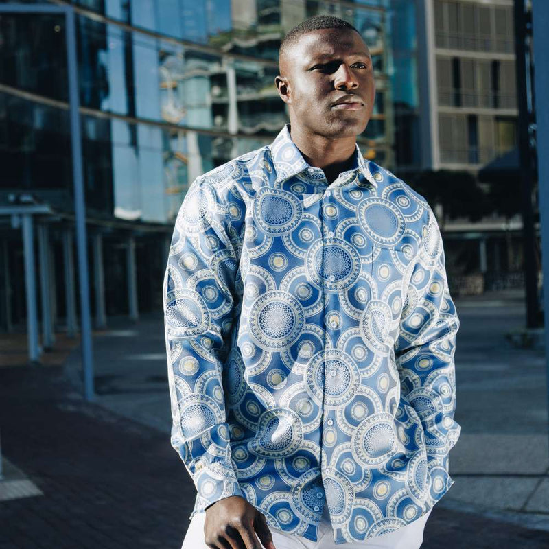 Large African Circle - Light Blue Long Sleeve Jacquard Woven Men's Shirt