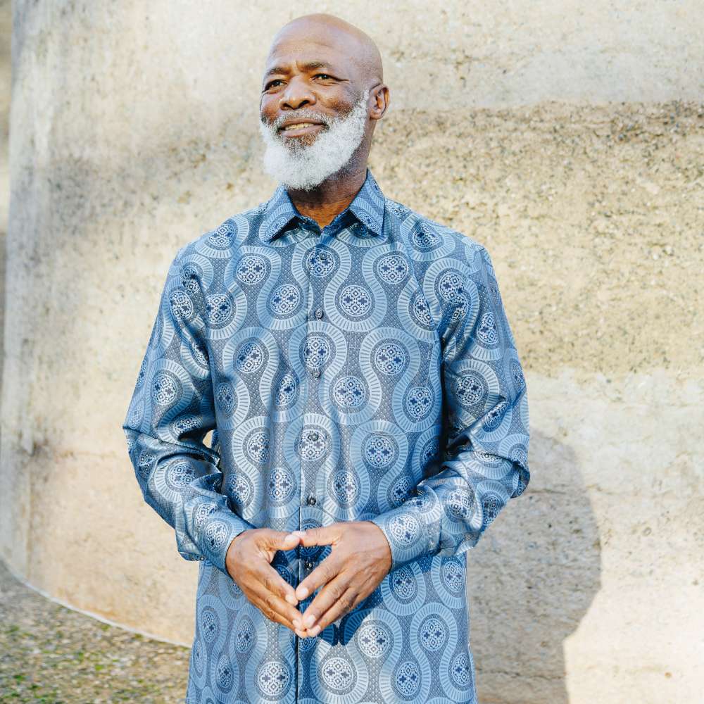 African Wave - Navy Long Sleeve Jacquard Woven Men's Shirt