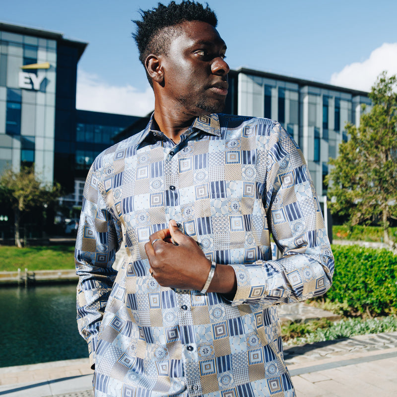 Royal Check - Golden Blue Men's Jacquard Woven Luxury Formal Shirt