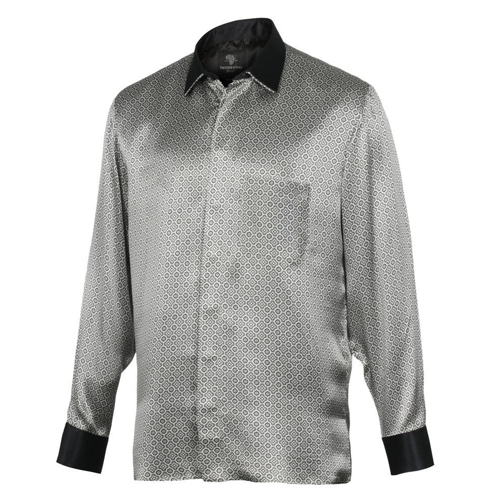Silver Geometric Men's Long Sleeve Iconic 100% Silk Shirt