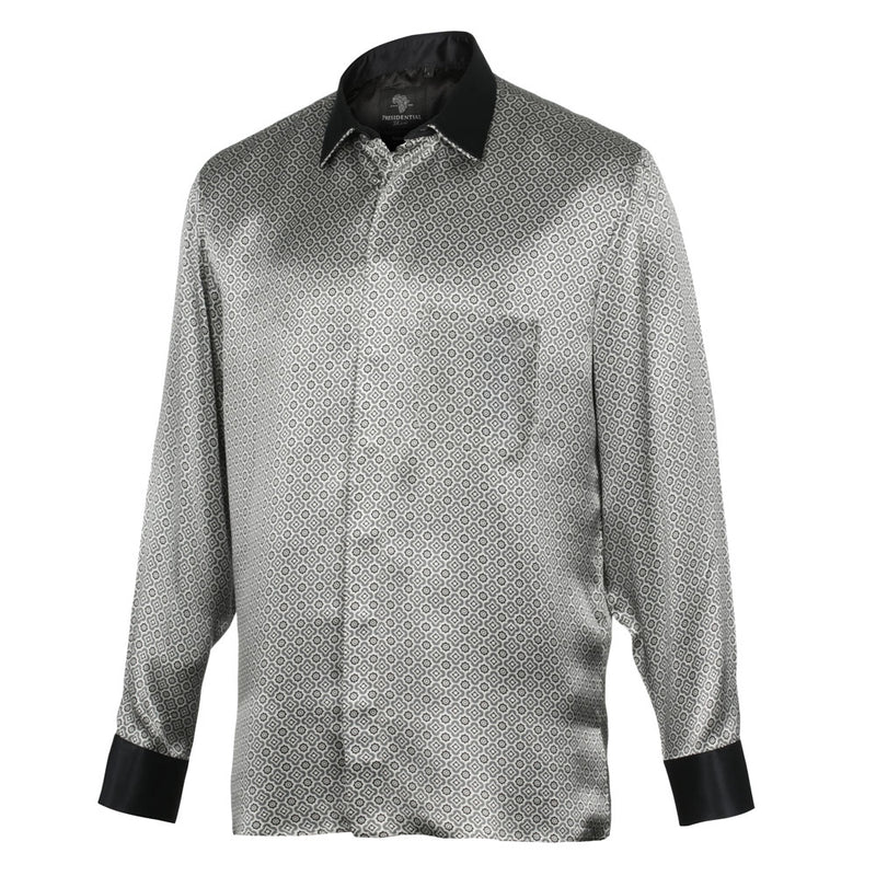 Silver Geometric Men's Long Sleeve Iconic 100% Silk Shirt
