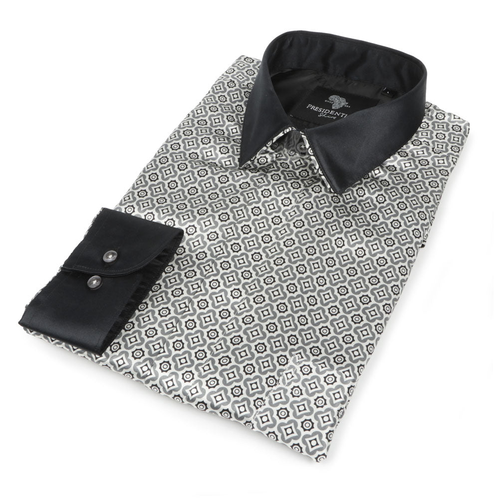 Silver Geometric Men's Long Sleeve Iconic 100% Silk Shirt
