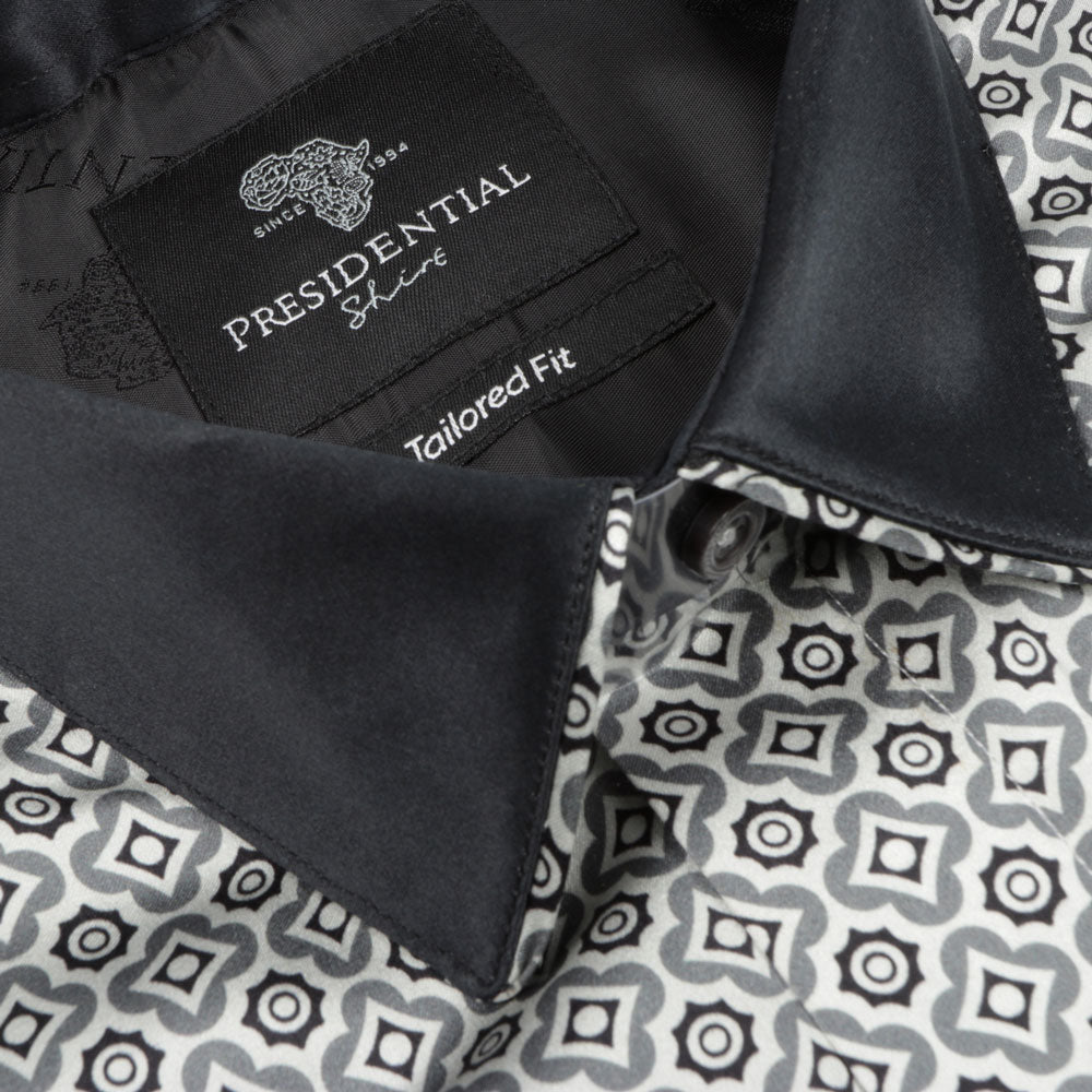 Silver Geometric Men's Long Sleeve Iconic 100% Silk Shirt