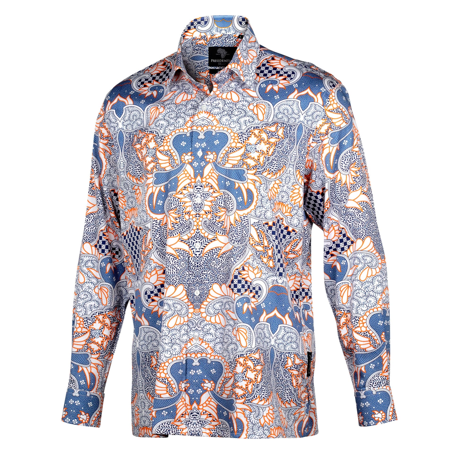 Madiba's Classic Light Blue with Orange Men's Long Sleeve Printed Cotton Shirt