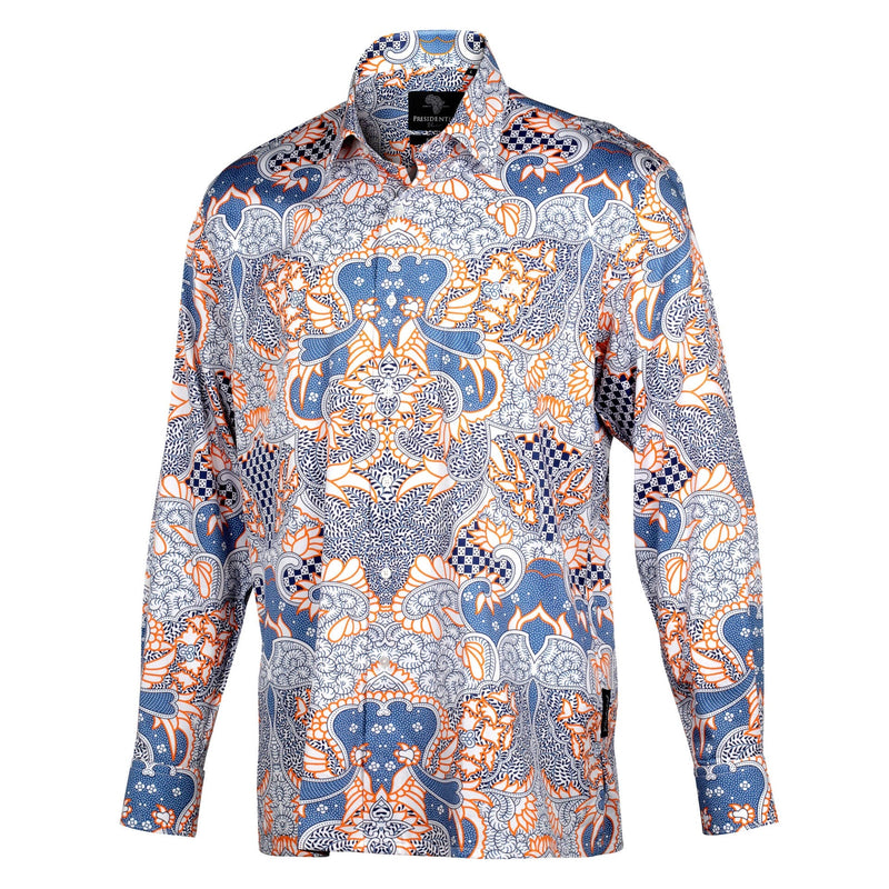 Madiba's Classic Light Blue with Orange Men's Long Sleeve Printed Cotton Shirt