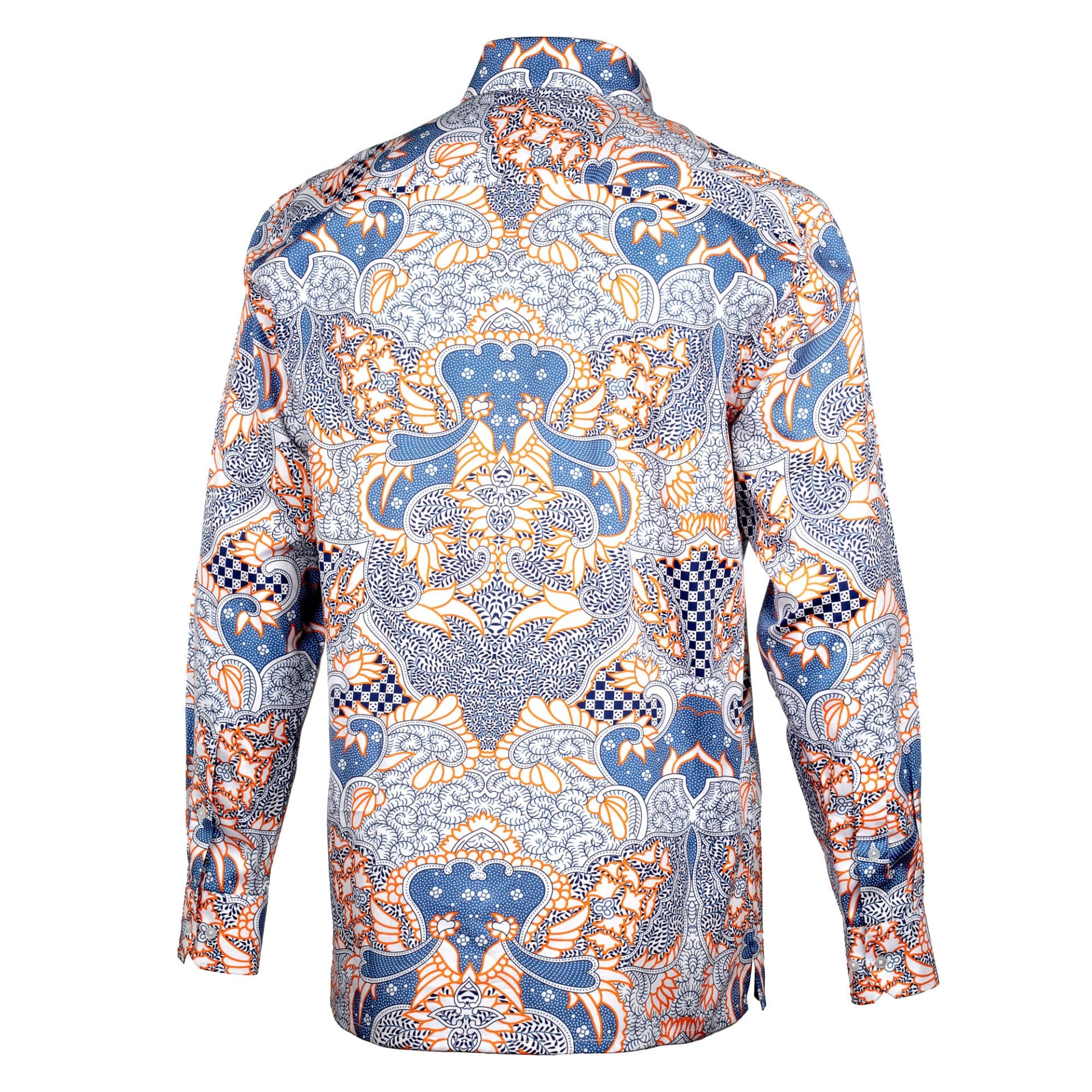 Madiba's Classic Light Blue with Orange Men's Long Sleeve Printed Cotton Shirt