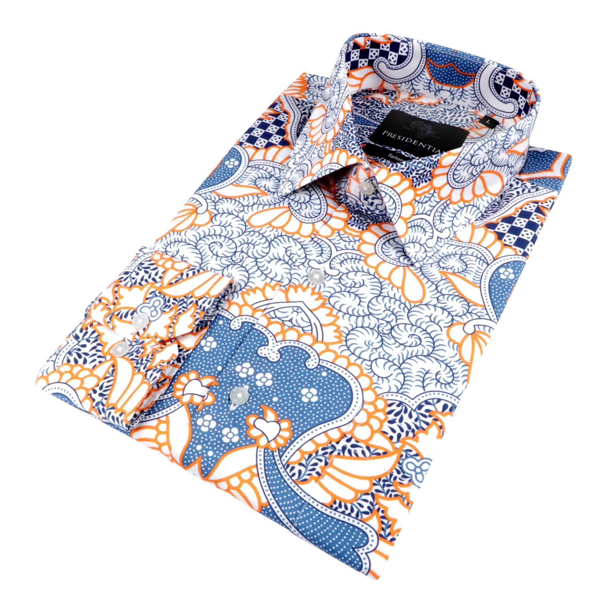 Madiba's Classic Light Blue with Orange Men's Long Sleeve Printed Cotton Shirt