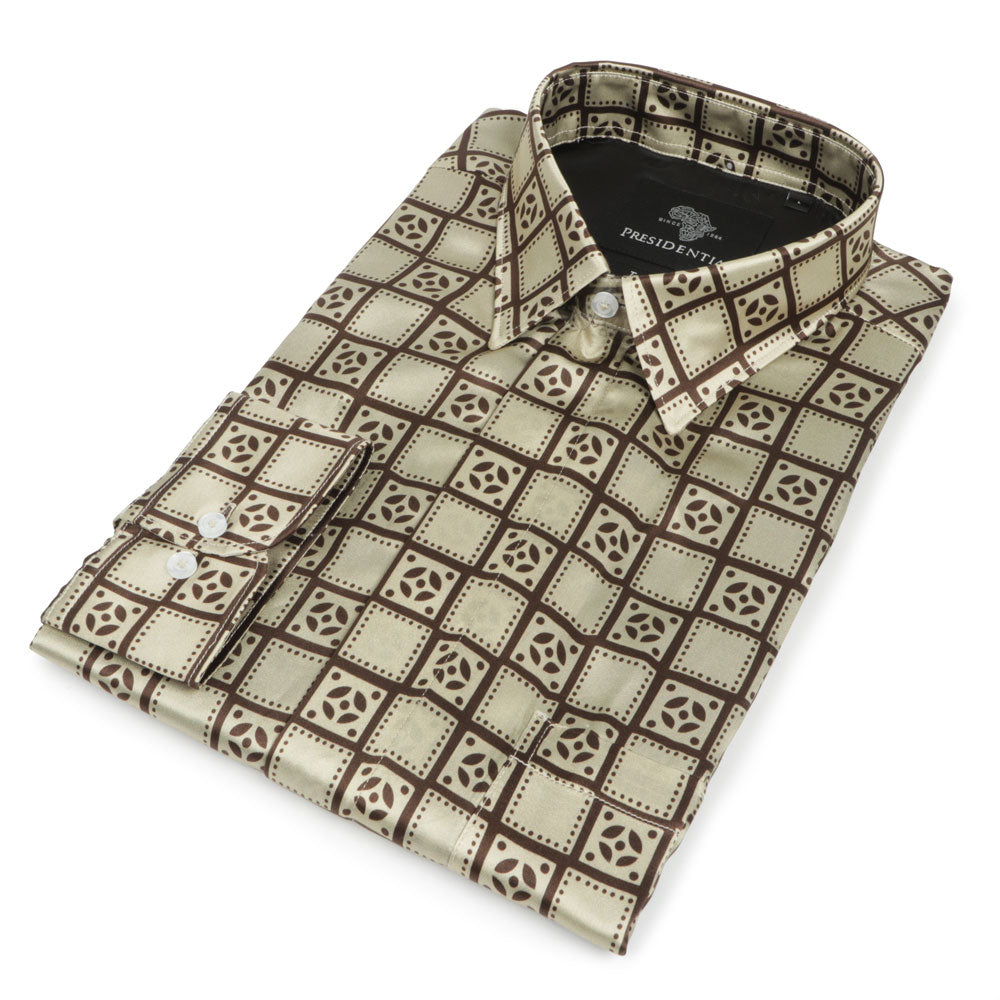 Madiba Original - Brown Check Men's Long Sleeve Silk Shirt