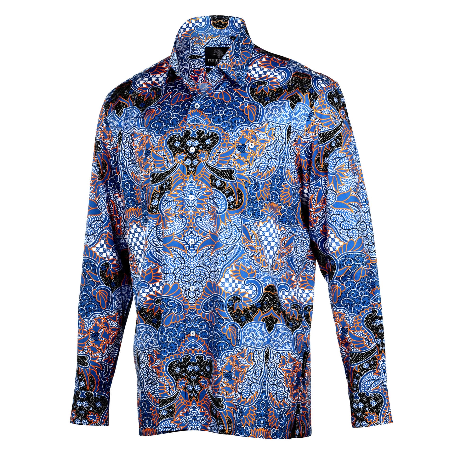 Madiba's Classic Med Blue with Gold Men's Long Sleeve Printed Cotton Shirt