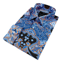 Madiba's Classic Med Blue with Gold Men's Long Sleeve Printed Cotton Shirt
