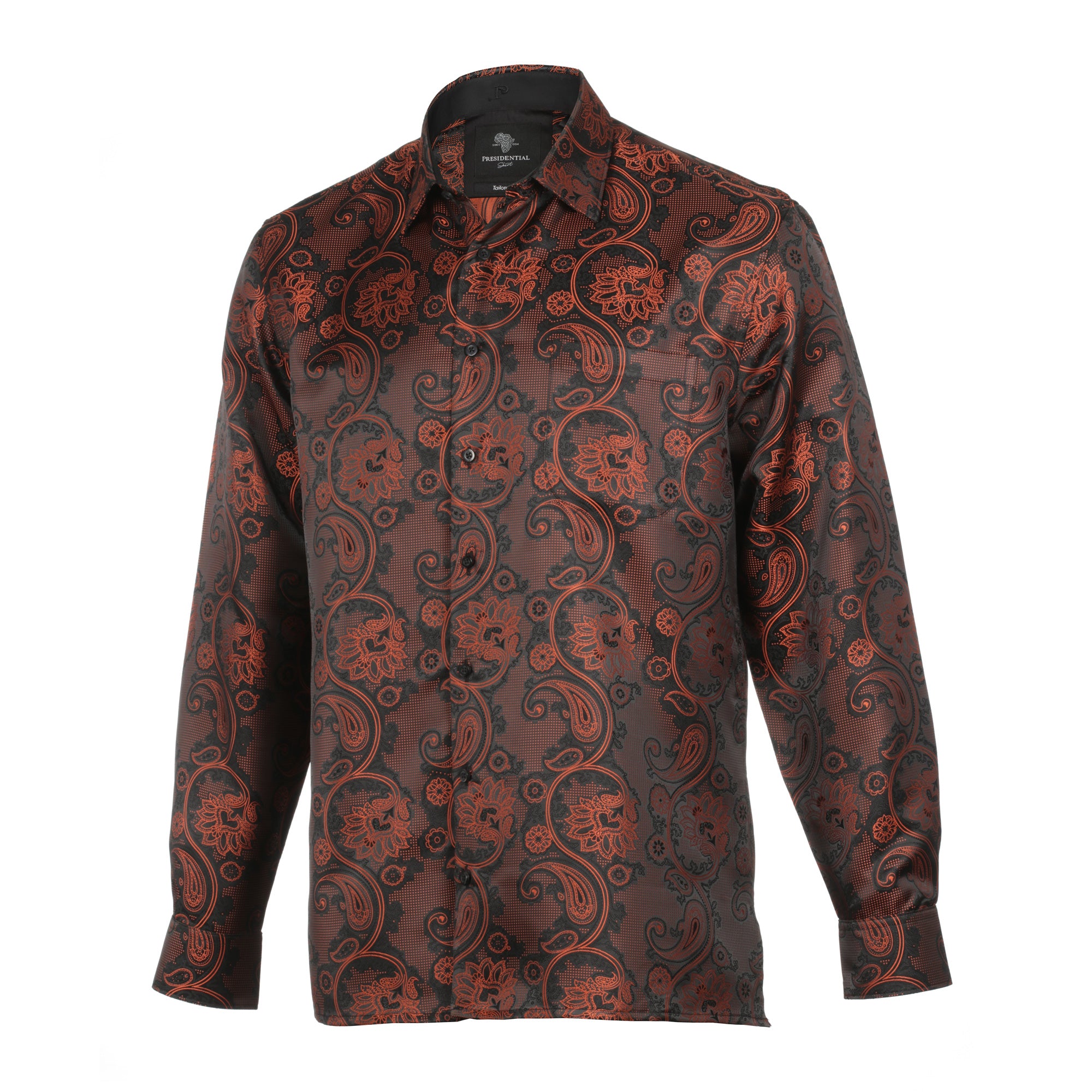 Paisley Flower - Burnt Orange Men's Jacquard Satin Luxury Formal Shirt