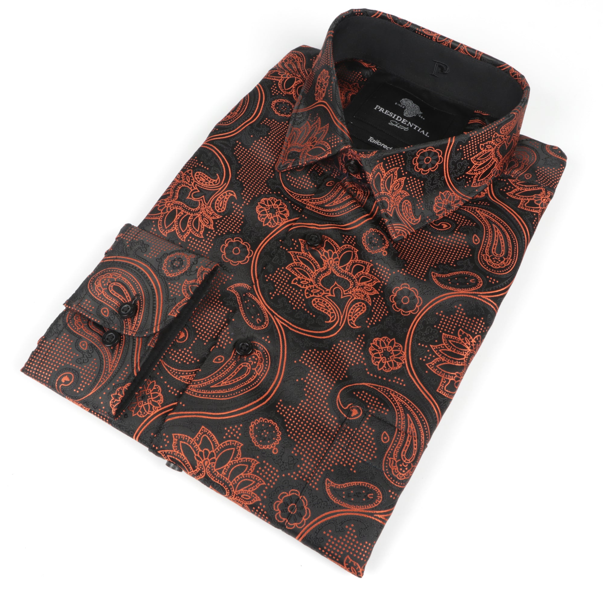 Paisley Flower - Burnt Orange Men's Jacquard Satin Luxury Formal Shirt