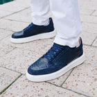 Men’s Navy Leather Sneakers – Snake Textured Casual Dress Shoes
