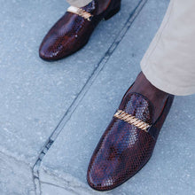 Classic Snake Chocolate Brown Men’s Leather Loafers – Elegant Formal Dress Shoes