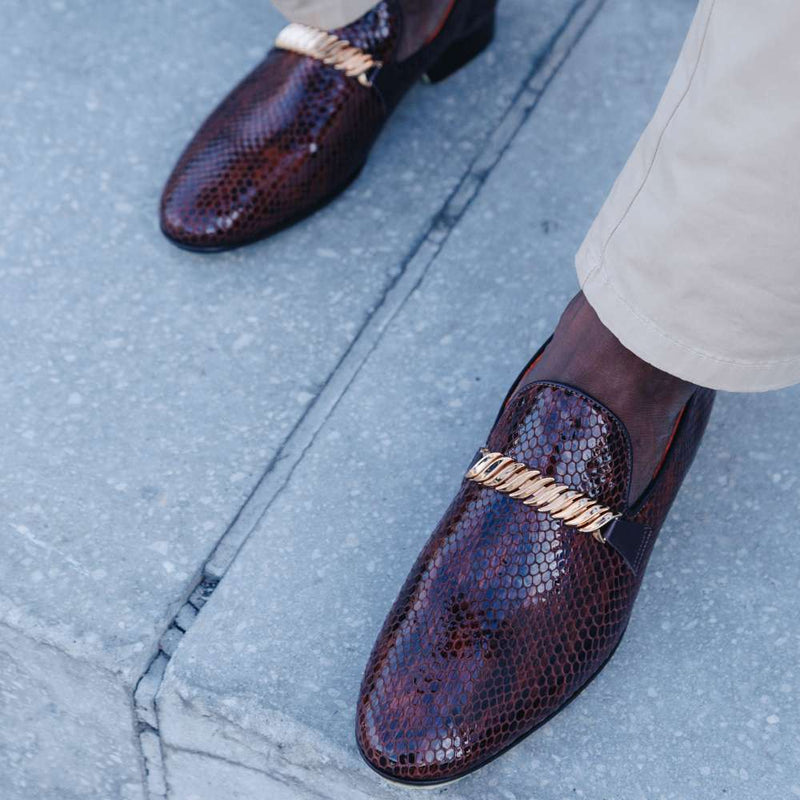 Classic Snake Chocolate Brown Men’s Leather Loafers – Elegant Formal Dress Shoes