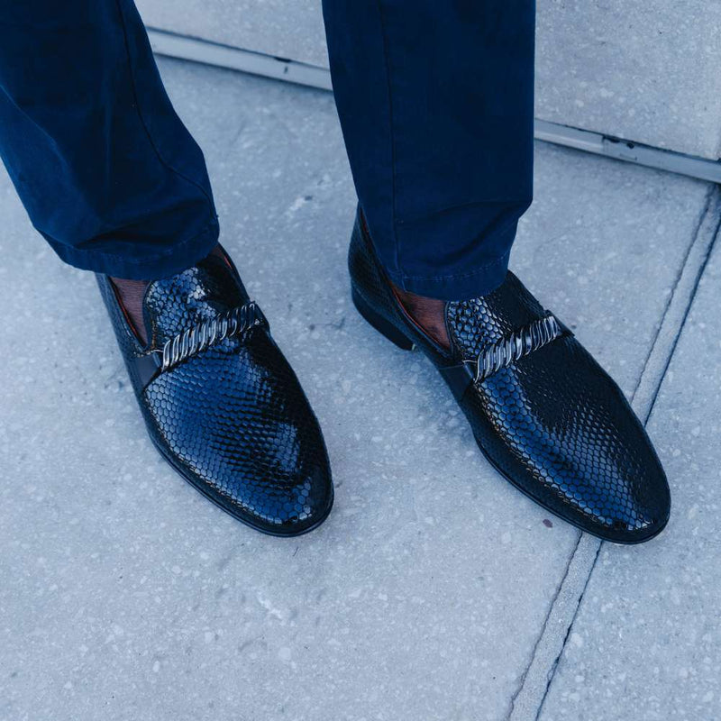 Classic Snake Black Men’s Leather Loafers – Elegant Formal Dress Shoes