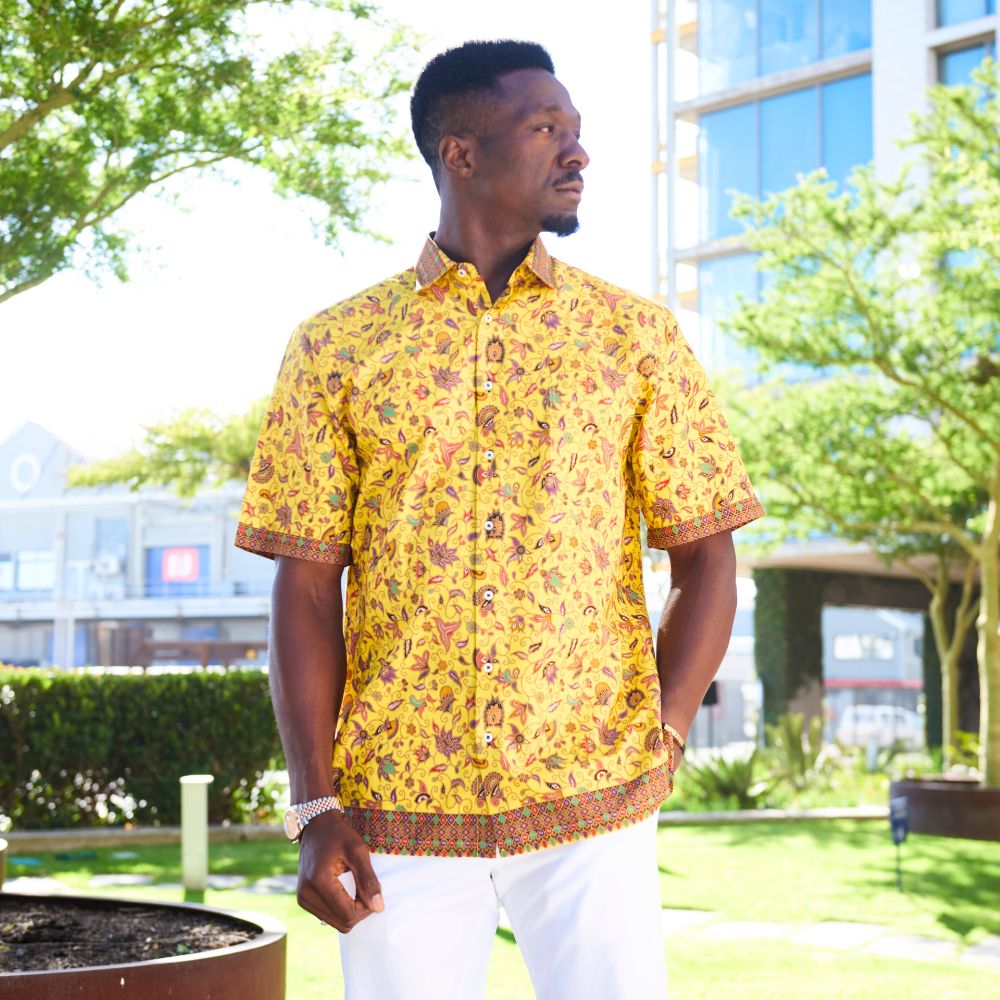 Swirling Spring Flowers - Yellow Printed Short Sleeve Men's Shirt