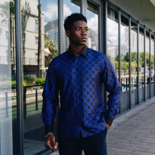 Chess Board - Royal Blue Men's Jacquard Satin Luxury Formal Shirt