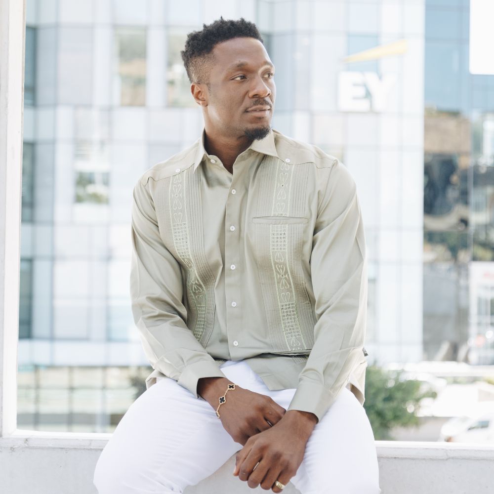 Olive Long Sleeve Cotton Sateen Embroidered Multi-Pocket Men's Shirt