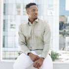 Olive Long Sleeve Cotton Sateen Embroidered Multi-Pocket Men's Shirt