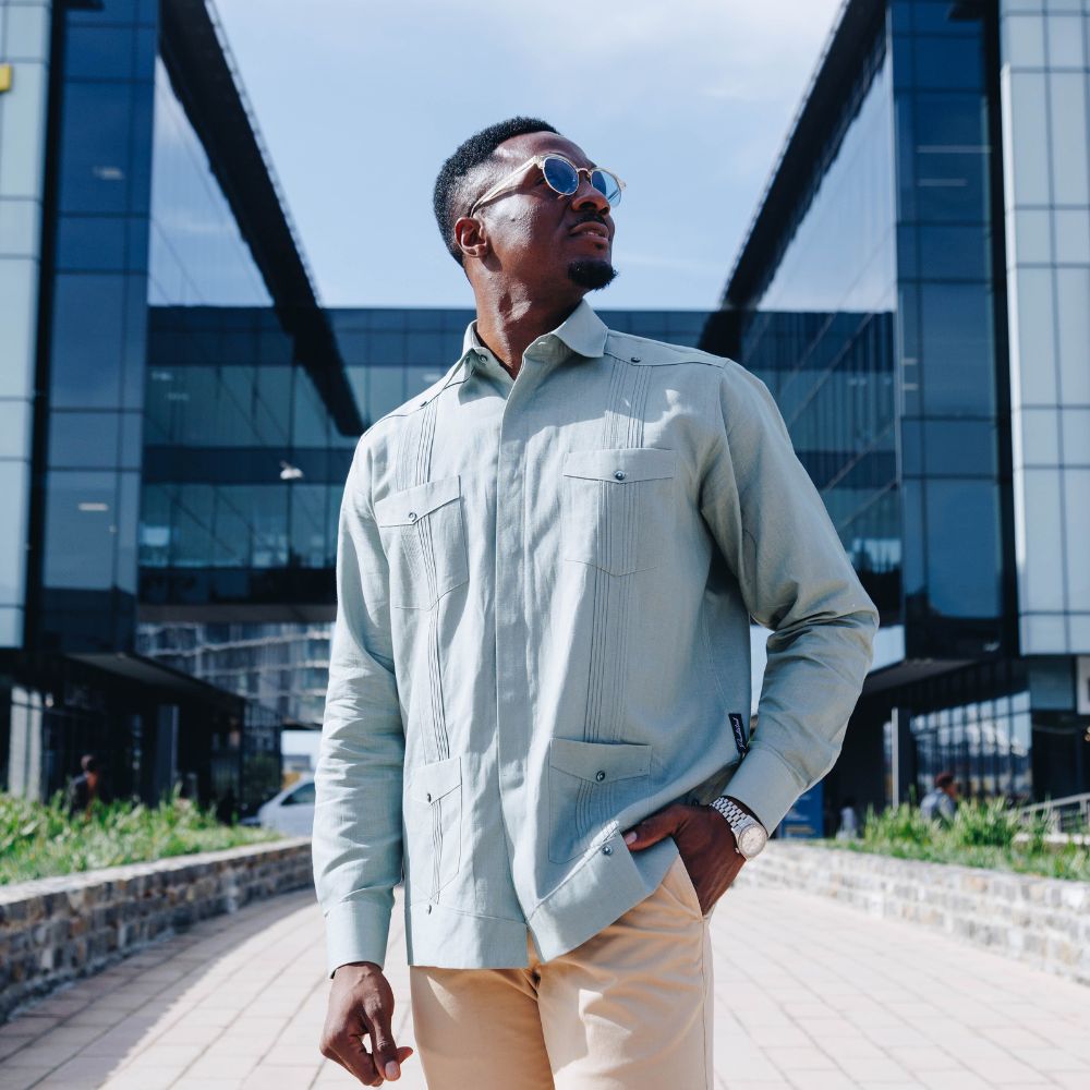 Sage Sky Long Sleeve Cuban Multi-Pocket Cotton Linen Shirt