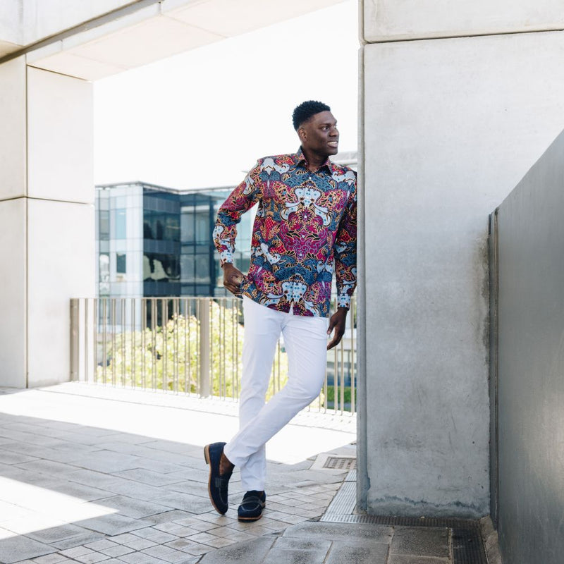 Madiba's Classic Red Men's Long Sleeve Printed Cotton Shirt