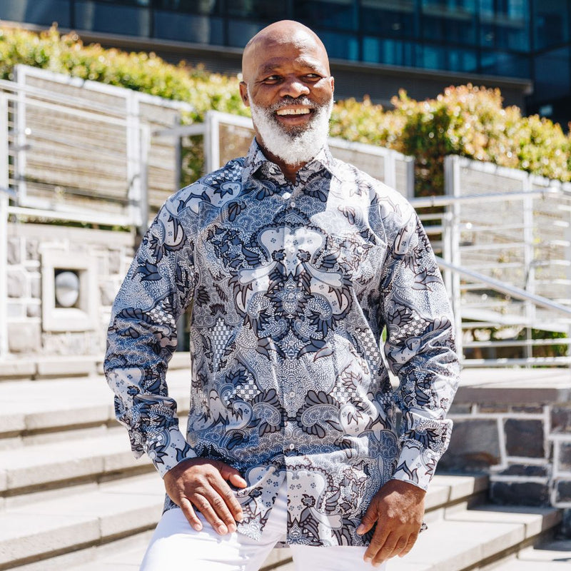 Madiba's Classic Grey Men's Long Sleeve Printed Cotton Shirt