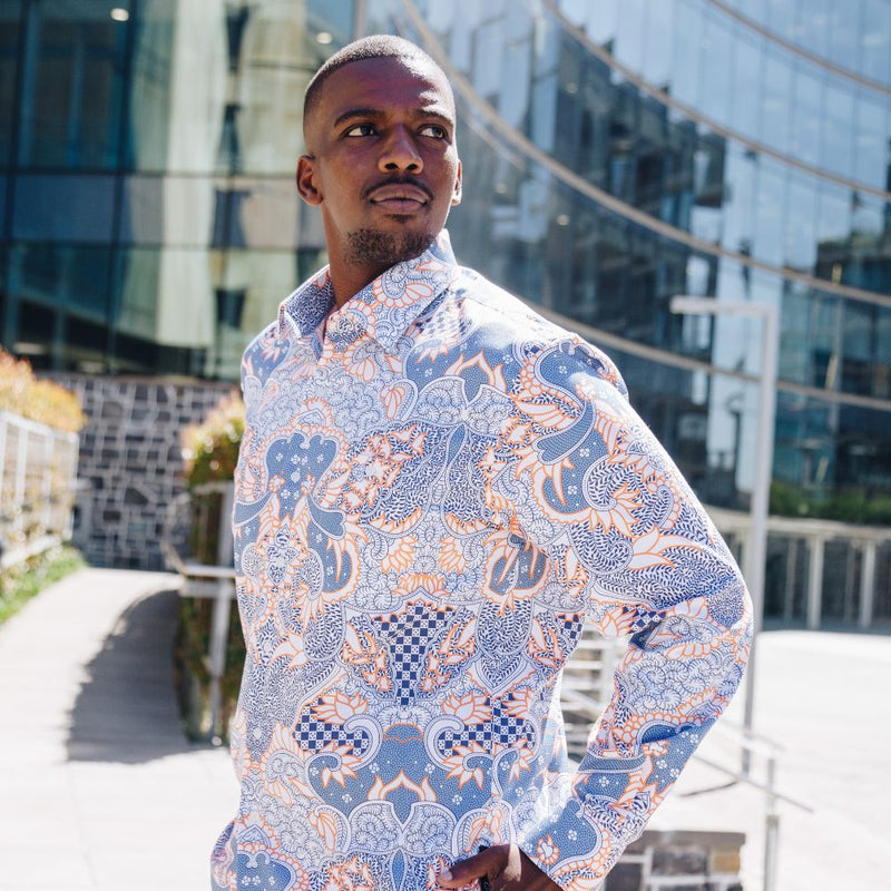 Madiba's Classic Light Blue with Orange Men's Long Sleeve Printed Cotton Shirt