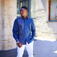 Classic Paisley- Navy Gold Long Sleeve Cotton Linen Embroidered Men's Shirt